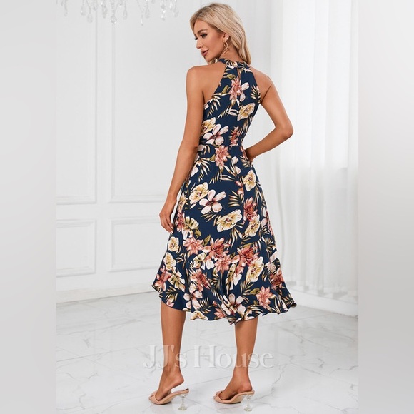 JJ's House Ruffles Floral Halter Trumpet Satin Asymmetrical Midi Dress - Picture 8 of 11